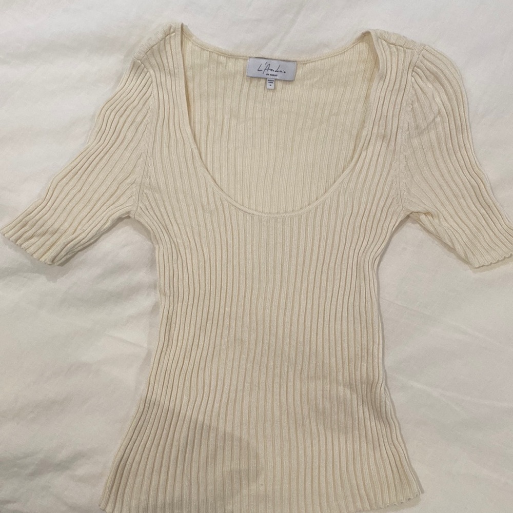 Cream scoop neck ribbed blouse